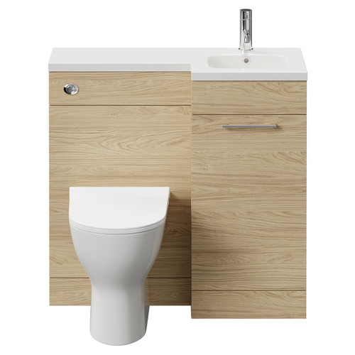 Napoli Combination Light Oak 900mm Vanity Unit Toilet Suite with Right Hand L Shaped 1 Tap Hole Round Basin and Single Door with Polished Chrome Handle Front View