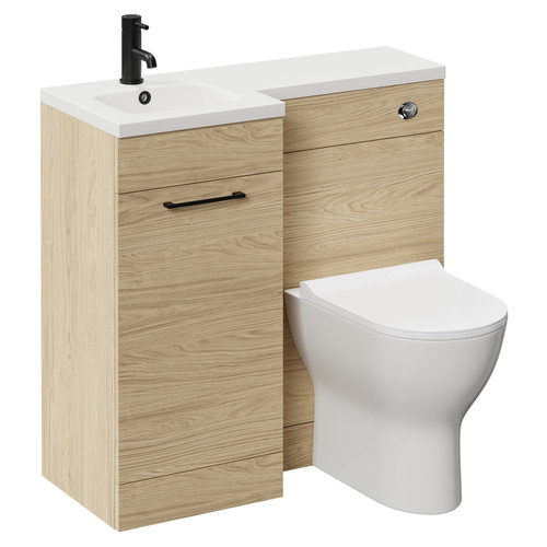Napoli Combination Light Oak 900mm Vanity Unit Toilet Suite with Left Hand L Shaped 1 Tap Hole Round Basin and Single Door with Matt Black Handle Left Hand View