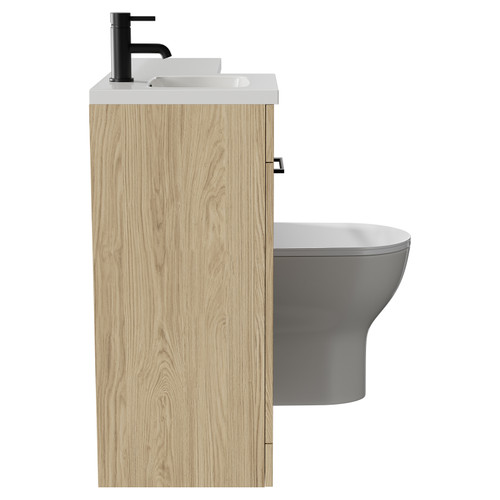 Napoli Combination Light Oak 900mm Vanity Unit Toilet Suite with Left Hand L Shaped 1 Tap Hole Round Basin and Single Door with Matt Black Handle Side View