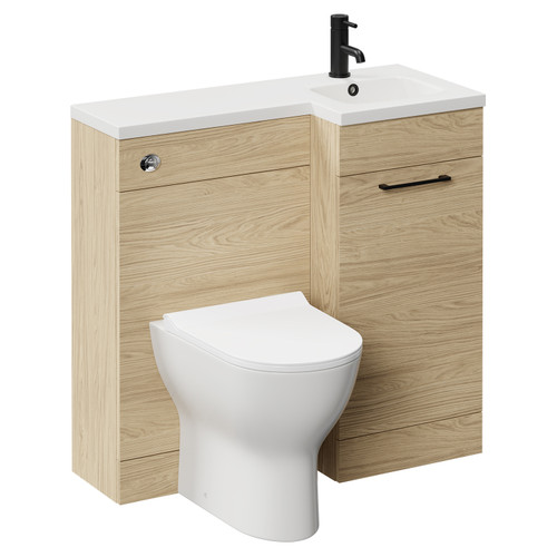 Napoli Combination Light Oak 900mm Vanity Unit Toilet Suite with Right Hand L Shaped 1 Tap Hole Round Basin and Single Door with Matt Black Handle Left Hand View