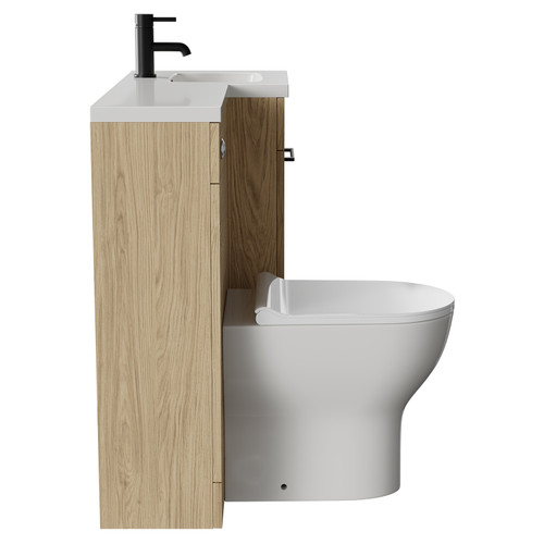 Napoli Combination Light Oak 900mm Vanity Unit Toilet Suite with Right Hand L Shaped 1 Tap Hole Round Basin and Single Door with Matt Black Handle Side View