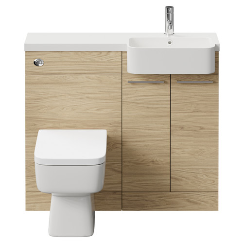 Napoli Combination Light Oak 1000mm Vanity Unit Toilet Suite with Right Hand Round Semi Recessed 1 Tap Hole Basin and 2 Doors with Polished Chrome Handles Front View