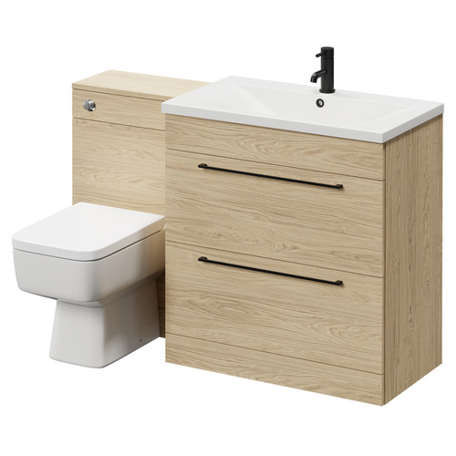 Napoli Light Oak 1300mm Vanity Unit Toilet Suite with 1 Tap Hole Basin and 2 Drawers with Matt Black Handles Right Hand View