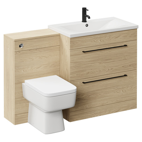 Napoli Light Oak 1300mm Vanity Unit Toilet Suite with 1 Tap Hole Basin and 2 Drawers with Matt Black Handles Left Hand View