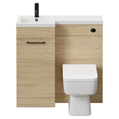Napoli Combination Light Oak 900mm Vanity Unit Toilet Suite with Left Hand L Shaped 1 Tap Hole Basin and Single Door with Matt Black Handle Front View