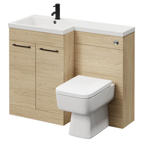 Napoli Combination Light Oak 1100mm Vanity Unit Toilet Suite with Left Hand L Shaped 1 Tap Hole Basin and 2 Doors with Matt Black Handles Right Hand View