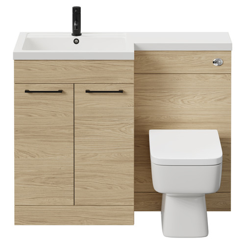 Napoli Combination Light Oak 1100mm Vanity Unit Toilet Suite with Left Hand L Shaped 1 Tap Hole Basin and 2 Doors with Matt Black Handles Front View