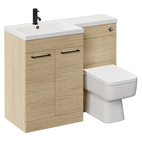 Napoli Combination Light Oak 1100mm Vanity Unit Toilet Suite with Left Hand L Shaped 1 Tap Hole Basin and 2 Doors with Matt Black Handles Left Hand View