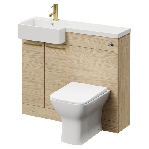 Napoli Combination Light Oak 1000mm Vanity Unit Toilet Suite with Left Hand Square Semi Recessed 1 Tap Hole Basin and 2 Doors with Brushed Brass Handles Right Hand View