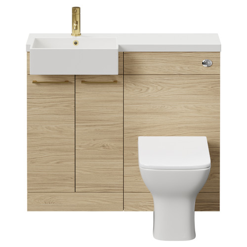 Napoli Combination Light Oak 1000mm Vanity Unit Toilet Suite with Left Hand Square Semi Recessed 1 Tap Hole Basin and 2 Doors with Brushed Brass Handles Front View