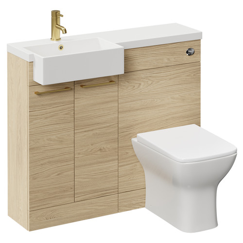 Napoli Combination Light Oak 1000mm Vanity Unit Toilet Suite with Left Hand Square Semi Recessed 1 Tap Hole Basin and 2 Doors with Brushed Brass Handles Left Hand View