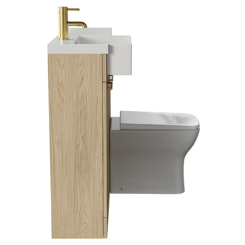 Napoli Combination Light Oak 1000mm Vanity Unit Toilet Suite with Left Hand Square Semi Recessed 1 Tap Hole Basin and 2 Doors with Brushed Brass Handles Side View