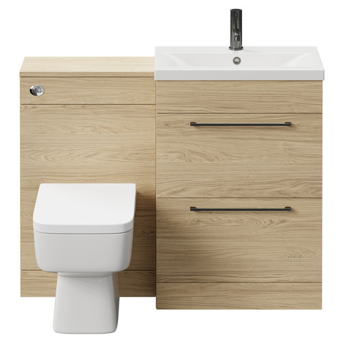 Napoli 390 Light Oak 1100mm Vanity Unit Toilet Suite with 1 Tap Hole Basin and 2 Drawers with Gunmetal Grey Handles Front View