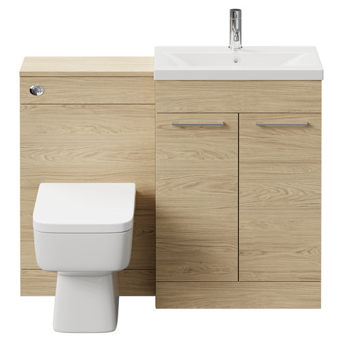 Napoli 390 Light Oak 1100mm Vanity Unit Toilet Suite with 1 Tap Hole Basin and 2 Doors with Polished Chrome Handles Front View