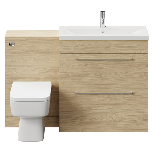 Napoli 390 Light Oak 1300mm Vanity Unit Toilet Suite with 1 Tap Hole Basin and 2 Drawers with Polished Chrome Handles Front View