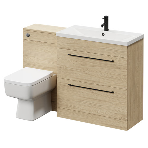 Napoli 390 Light Oak 1300mm Vanity Unit Toilet Suite with 1 Tap Hole Basin and 2 Drawers with Matt Black Handles Right Hand View