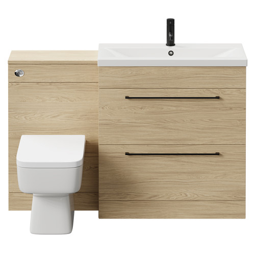 Napoli 390 Light Oak 1300mm Vanity Unit Toilet Suite with 1 Tap Hole Basin and 2 Drawers with Matt Black Handles Front View