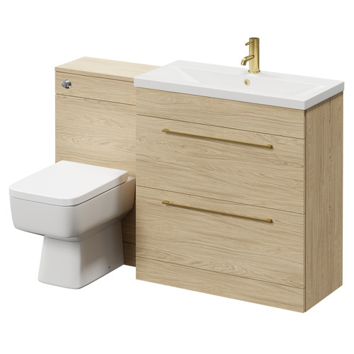 Napoli 390 Light Oak 1300mm Vanity Unit Toilet Suite with 1 Tap Hole Basin and 2 Drawers with Brushed Brass Handles Right Hand View