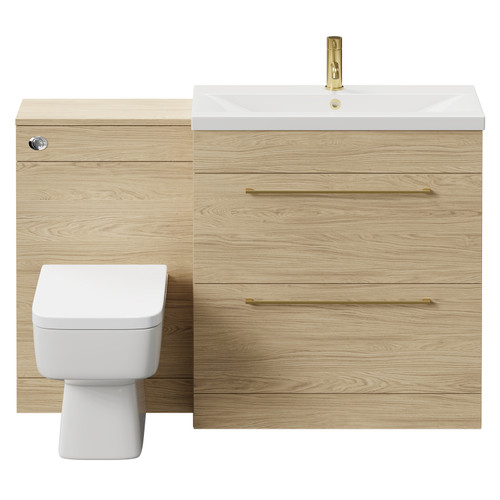 Napoli 390 Light Oak 1300mm Vanity Unit Toilet Suite with 1 Tap Hole Basin and 2 Drawers with Brushed Brass Handles Front View