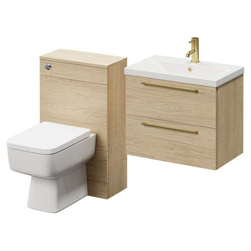Napoli 390 Light Oak 1100mm Wall Mounted Vanity Unit Toilet Suite with 1 Tap Hole Basin and 2 Drawers with Brushed Brass Handles Right Hand View