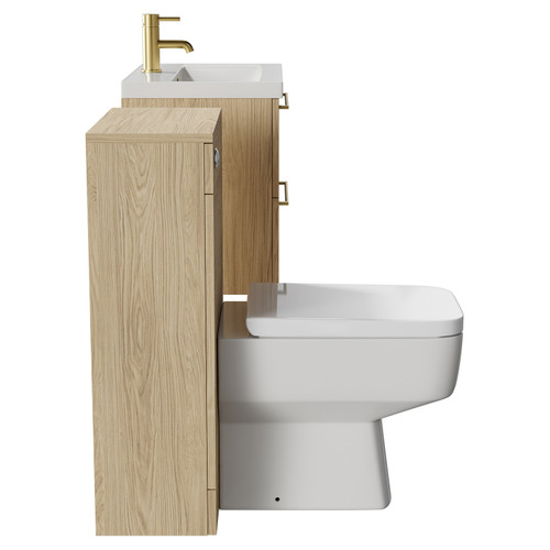 Napoli 390 Light Oak 1100mm Wall Mounted Vanity Unit Toilet Suite with 1 Tap Hole Basin and 2 Drawers with Brushed Brass Handles Side View