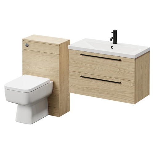 Napoli 390 Light Oak 1300mm Wall Mounted Vanity Unit Toilet Suite with 1 Tap Hole Basin and 2 Drawers with Matt Black Handles Right Hand View