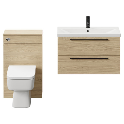 Napoli 390 Light Oak 1300mm Wall Mounted Vanity Unit Toilet Suite with 1 Tap Hole Basin and 2 Drawers with Matt Black Handles Front View