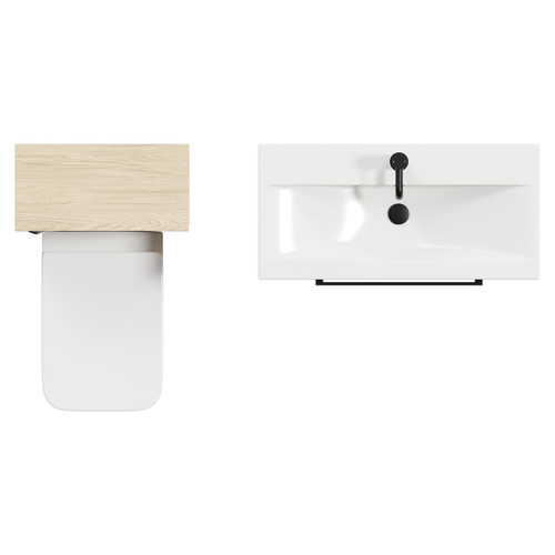 Napoli 390 Light Oak 1300mm Wall Mounted Vanity Unit Toilet Suite with 1 Tap Hole Basin and 2 Drawers with Matt Black Handles Top Down View