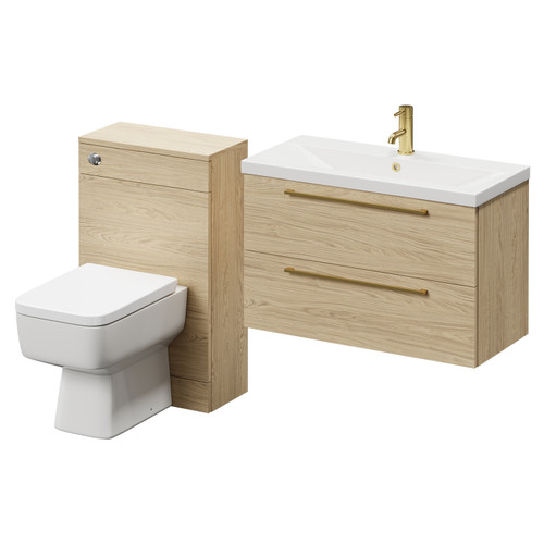 Napoli 390 Light Oak 1300mm Wall Mounted Vanity Unit Toilet Suite with 1 Tap Hole Basin and 2 Drawers with Brushed Brass Handles Right Hand View