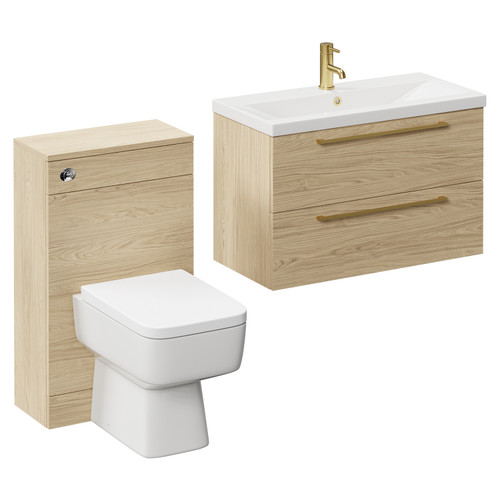 Napoli 390 Light Oak 1300mm Wall Mounted Vanity Unit Toilet Suite with 1 Tap Hole Basin and 2 Drawers with Brushed Brass Handles Left Hand View