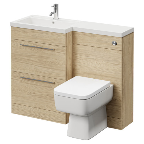 Napoli 390 Combination Light Oak 1100mm Vanity Unit Toilet Suite with Left Hand L Shaped 1 Tap Hole Basin and 2 Drawers with Polished Chrome Handles Right Hand View