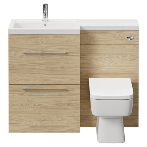 Napoli 390 Combination Light Oak 1100mm Vanity Unit Toilet Suite with Left Hand L Shaped 1 Tap Hole Basin and 2 Drawers with Polished Chrome Handles Front View