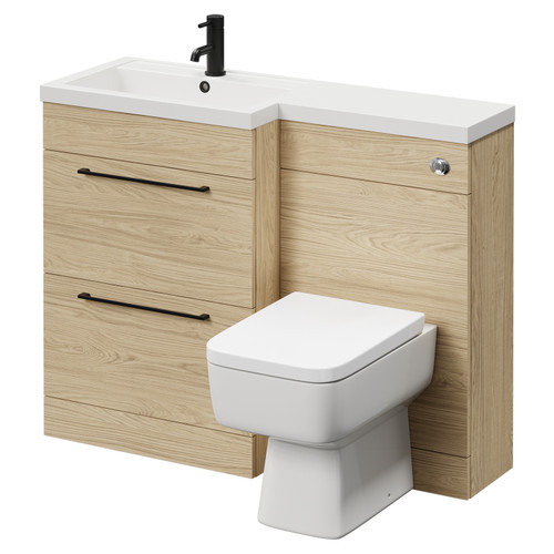 Napoli 390 Combination Light Oak 1100mm Vanity Unit Toilet Suite with Left Hand L Shaped 1 Tap Hole Basin and 2 Drawers with Matt Black Handles Right Hand View