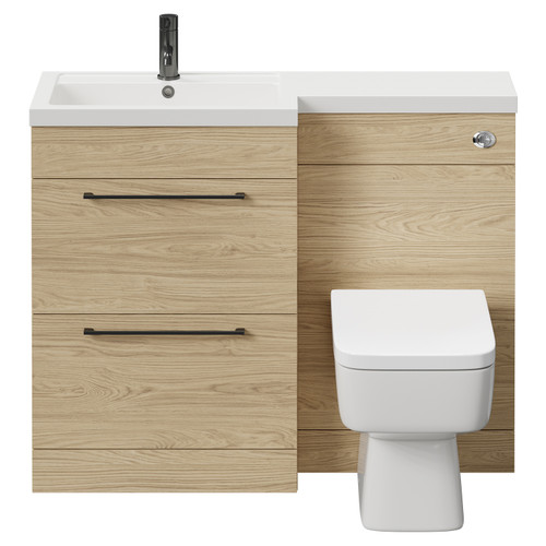 Napoli 390 Combination Light Oak 1100mm Vanity Unit Toilet Suite with Left Hand L Shaped 1 Tap Hole Basin and 2 Drawers with Gunmetal Grey Handles Front View