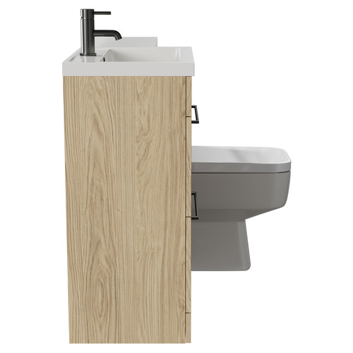 Napoli 390 Combination Light Oak 1100mm Vanity Unit Toilet Suite with Left Hand L Shaped 1 Tap Hole Basin and 2 Drawers with Gunmetal Grey Handles Side View