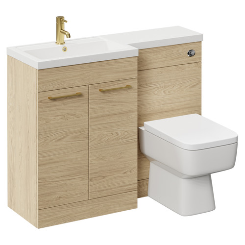 Napoli 390 Combination Light Oak 1100mm Vanity Unit Toilet Suite with Left Hand L Shaped 1 Tap Hole Basin and 2 Doors with Brushed Brass Handles Left Hand View