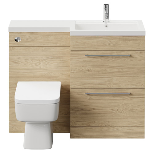 Napoli 390 Combination Light Oak 1100mm Vanity Unit Toilet Suite with Right Hand L Shaped 1 Tap Hole Basin and 2 Drawers with Polished Chrome Handles Front View