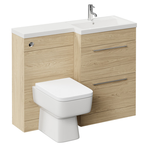 Napoli 390 Combination Light Oak 1100mm Vanity Unit Toilet Suite with Right Hand L Shaped 1 Tap Hole Basin and 2 Drawers with Polished Chrome Handles Left Hand View