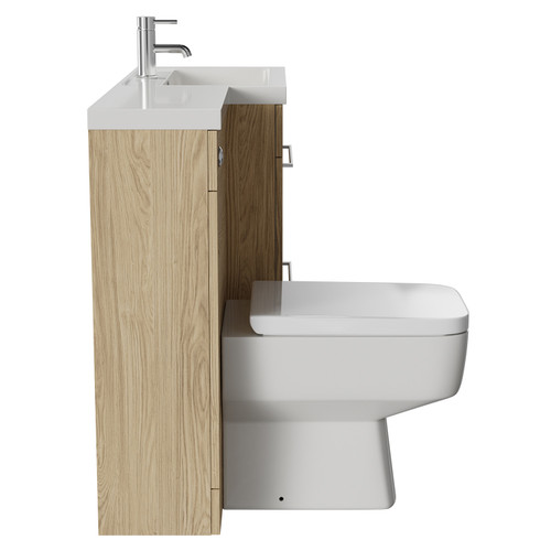 Napoli 390 Combination Light Oak 1100mm Vanity Unit Toilet Suite with Right Hand L Shaped 1 Tap Hole Basin and 2 Drawers with Polished Chrome Handles Side View