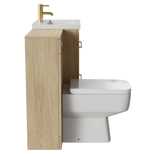 Napoli Light Oak 1000mm Vanity Unit Toilet Suite with 1 Tap Hole Basin and 2 Drawers with Brushed Brass Handles Side View