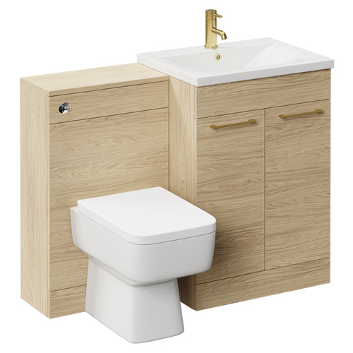 Napoli Light Oak 1100mm Vanity Unit Toilet Suite with 1 Tap Hole Basin and 2 Doors with Brushed Brass Handles Left Hand View