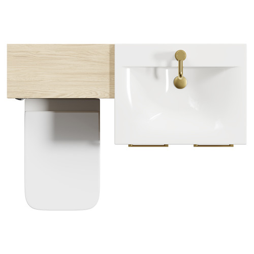 Napoli Light Oak 1100mm Vanity Unit Toilet Suite with 1 Tap Hole Basin and 2 Doors with Brushed Brass Handles Top Down View