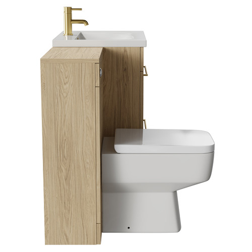 Napoli Light Oak 1100mm Vanity Unit Toilet Suite with 1 Tap Hole Basin and 2 Drawers with Brushed Brass Handles Side View