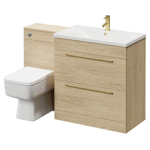 Napoli Light Oak 1300mm Vanity Unit Toilet Suite with 1 Tap Hole Basin and 2 Drawers with Brushed Brass Handles Right Hand View