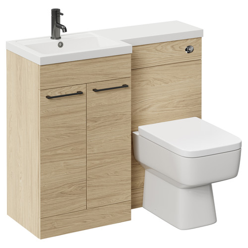 Napoli Combination Light Oak 1000mm Vanity Unit Toilet Suite with Left Hand L Shaped 1 Tap Hole Basin and 2 Doors with Gunmetal Grey Handles Left Hand View