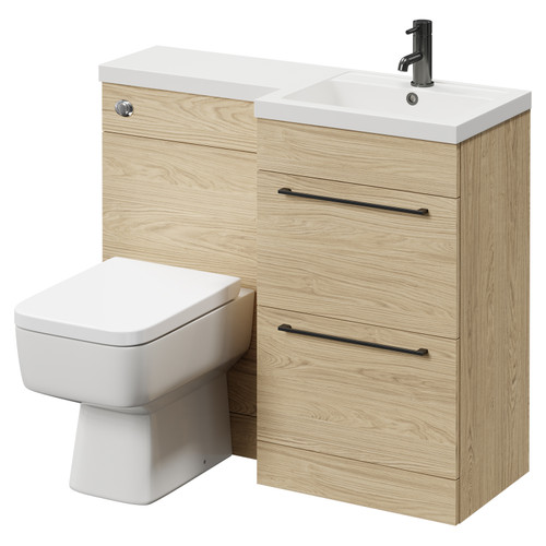 Napoli Combination Light Oak 1000mm Vanity Unit Toilet Suite with Right Hand L Shaped 1 Tap Hole Basin and 2 Drawers with Gunmetal Grey Handles Right Hand View