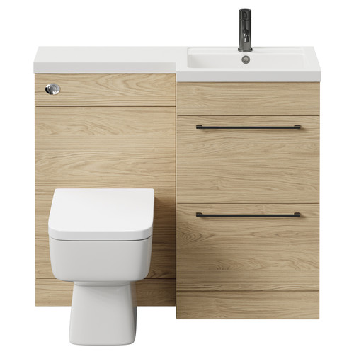 Napoli Combination Light Oak 1000mm Vanity Unit Toilet Suite with Right Hand L Shaped 1 Tap Hole Basin and 2 Drawers with Gunmetal Grey Handles Front View