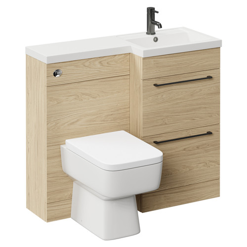 Napoli Combination Light Oak 1000mm Vanity Unit Toilet Suite with Right Hand L Shaped 1 Tap Hole Basin and 2 Drawers with Gunmetal Grey Handles Left Hand View