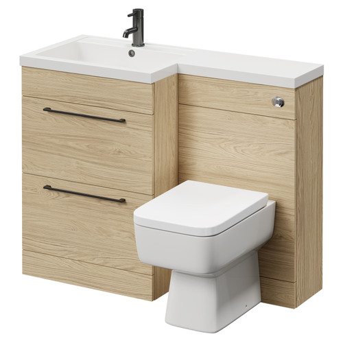 Napoli Combination Light Oak 1100mm Vanity Unit Toilet Suite with Left Hand L Shaped 1 Tap Hole Basin and 2 Drawers with Gunmetal Grey Handles Right Hand View