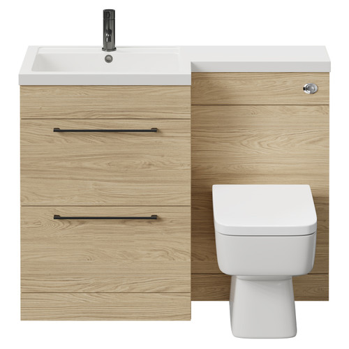 Napoli Combination Light Oak 1100mm Vanity Unit Toilet Suite with Left Hand L Shaped 1 Tap Hole Basin and 2 Drawers with Gunmetal Grey Handles Front View
